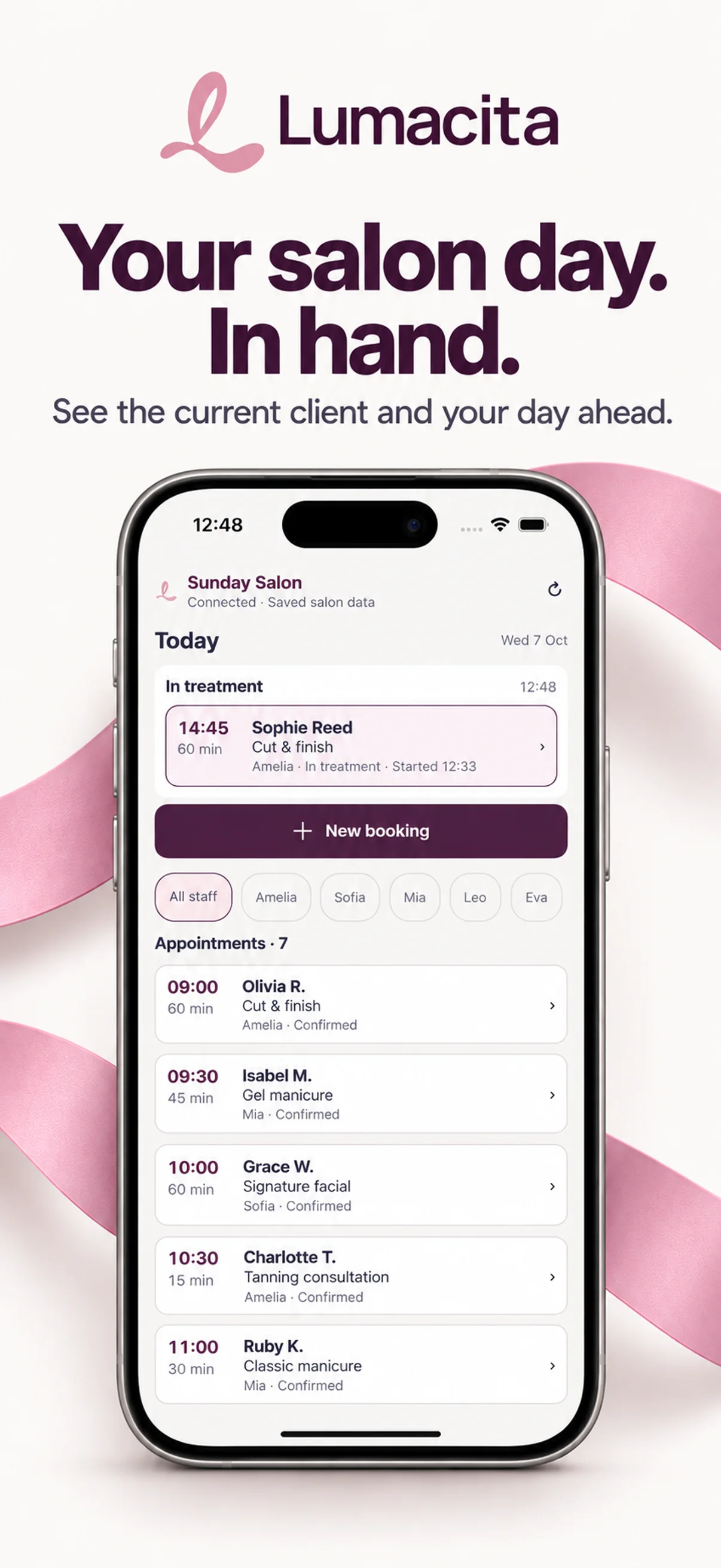 LumaCita iPhone app showing the current treatment and today's salon appointments