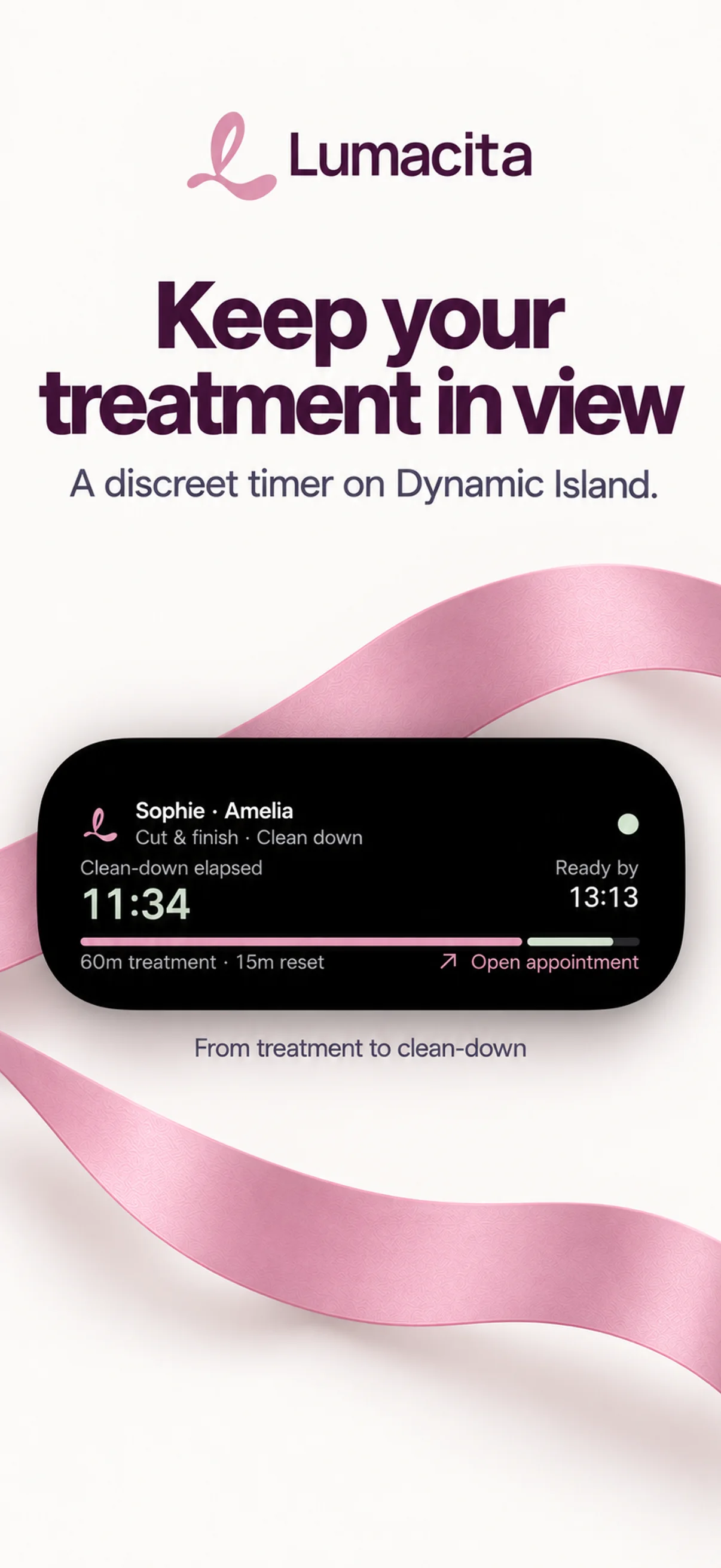 LumaCita Live Activity showing a treatment and clean-down timer on Dynamic Island