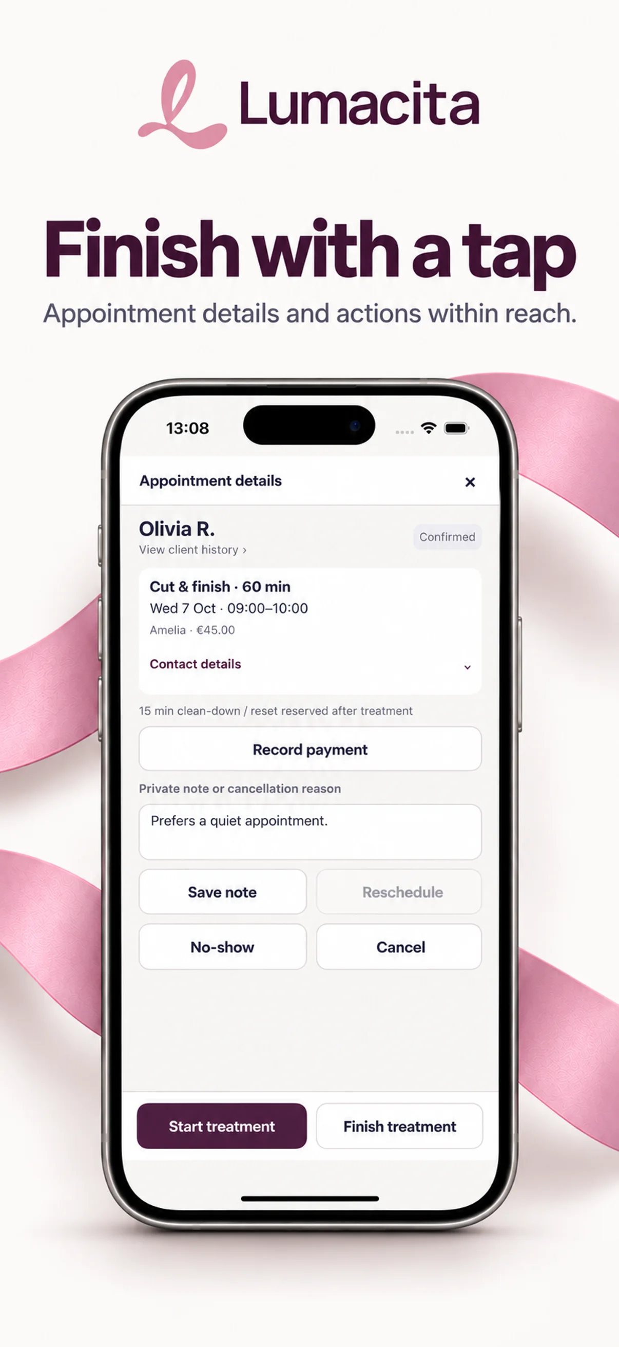 LumaCita appointment details with client notes and treatment controls