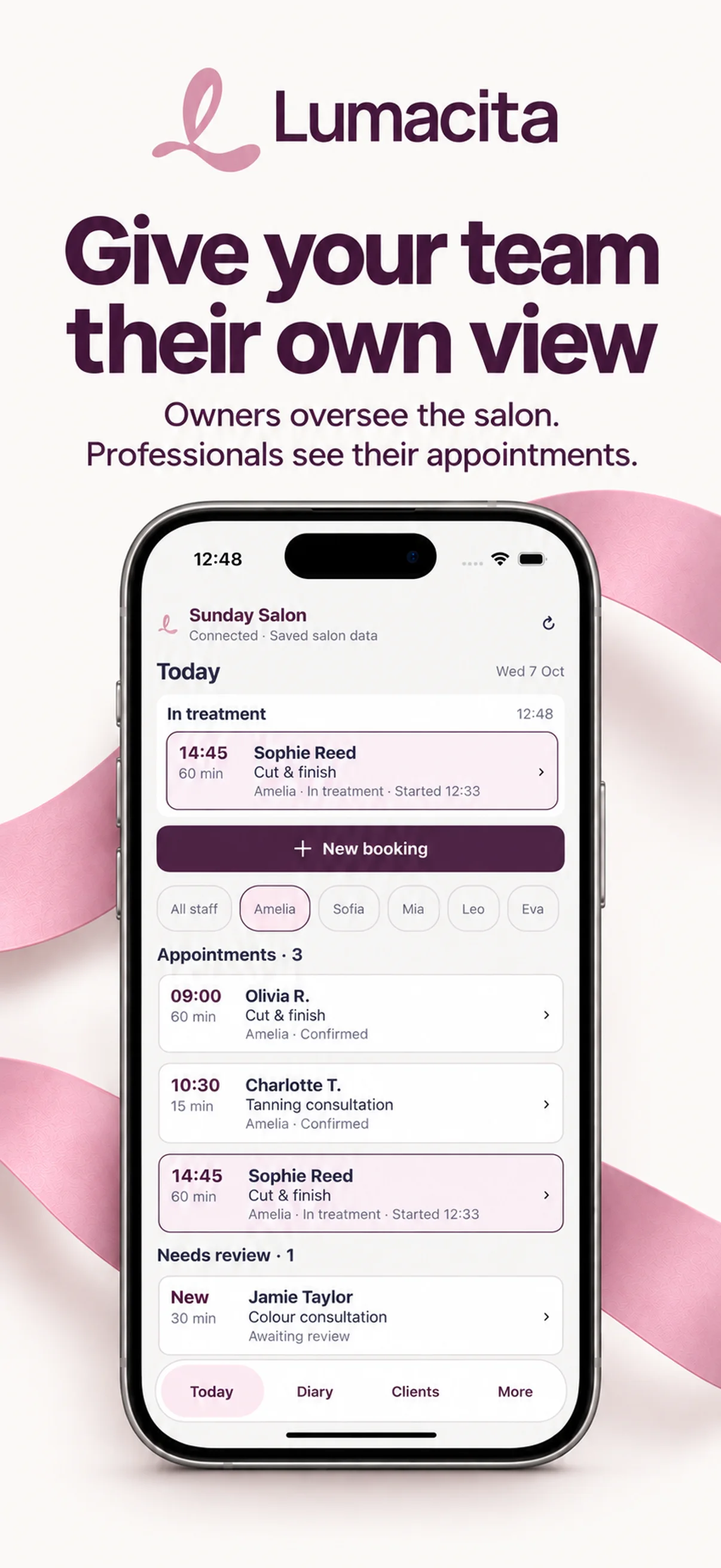 LumaCita salon owner's diary filtered to one professional's appointments