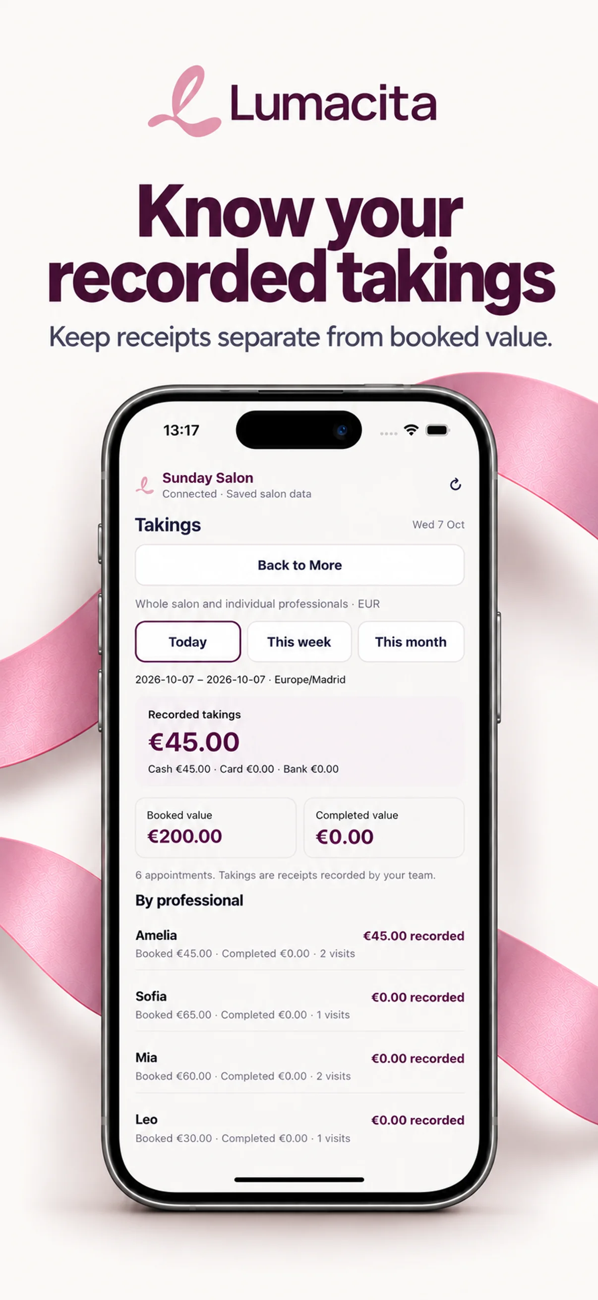 LumaCita recorded receipts shown separately from booked and completed appointment value