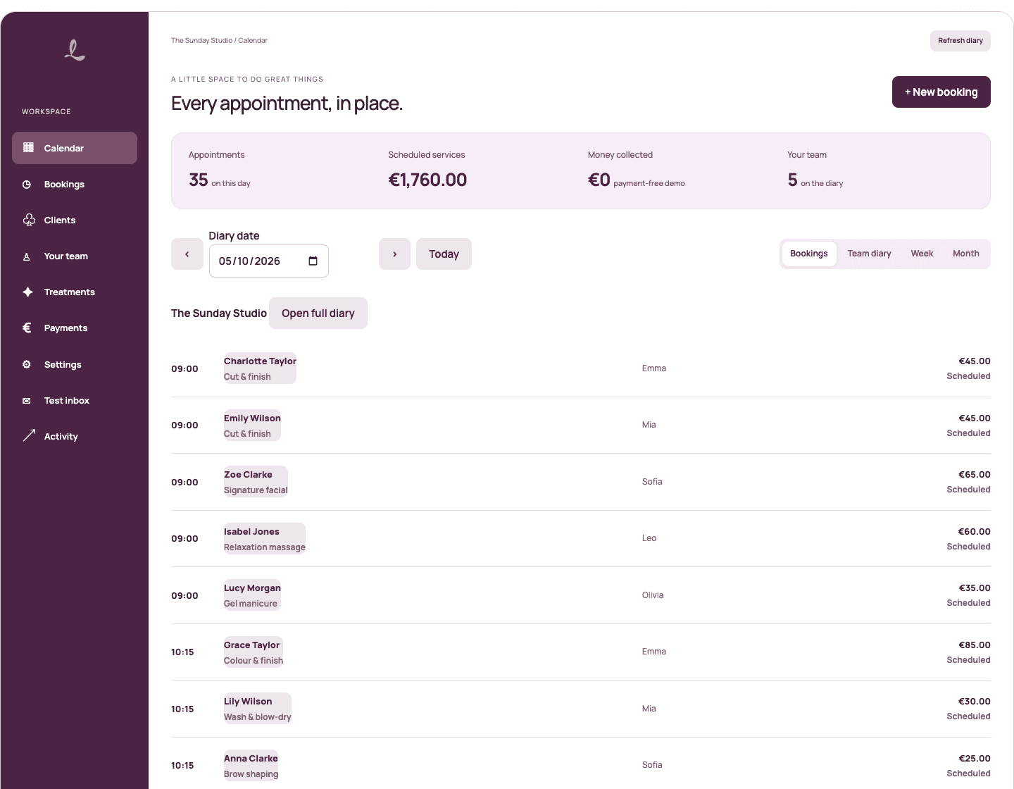 The actual LumaCita owner dashboard showing a busy sample day with 35 appointments and five professionals